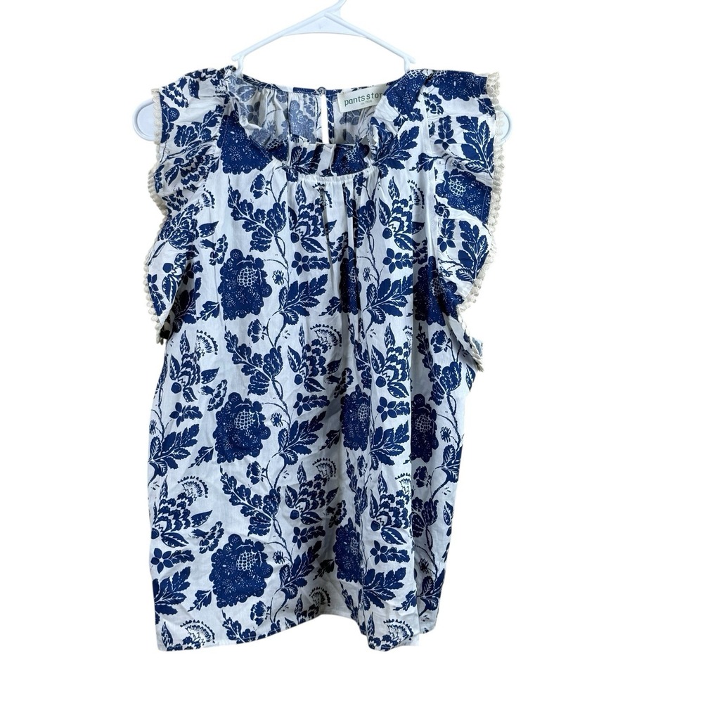Pants Store Womens Blue Floral Flutter Sleeve Top Sz Large 100% Cotton